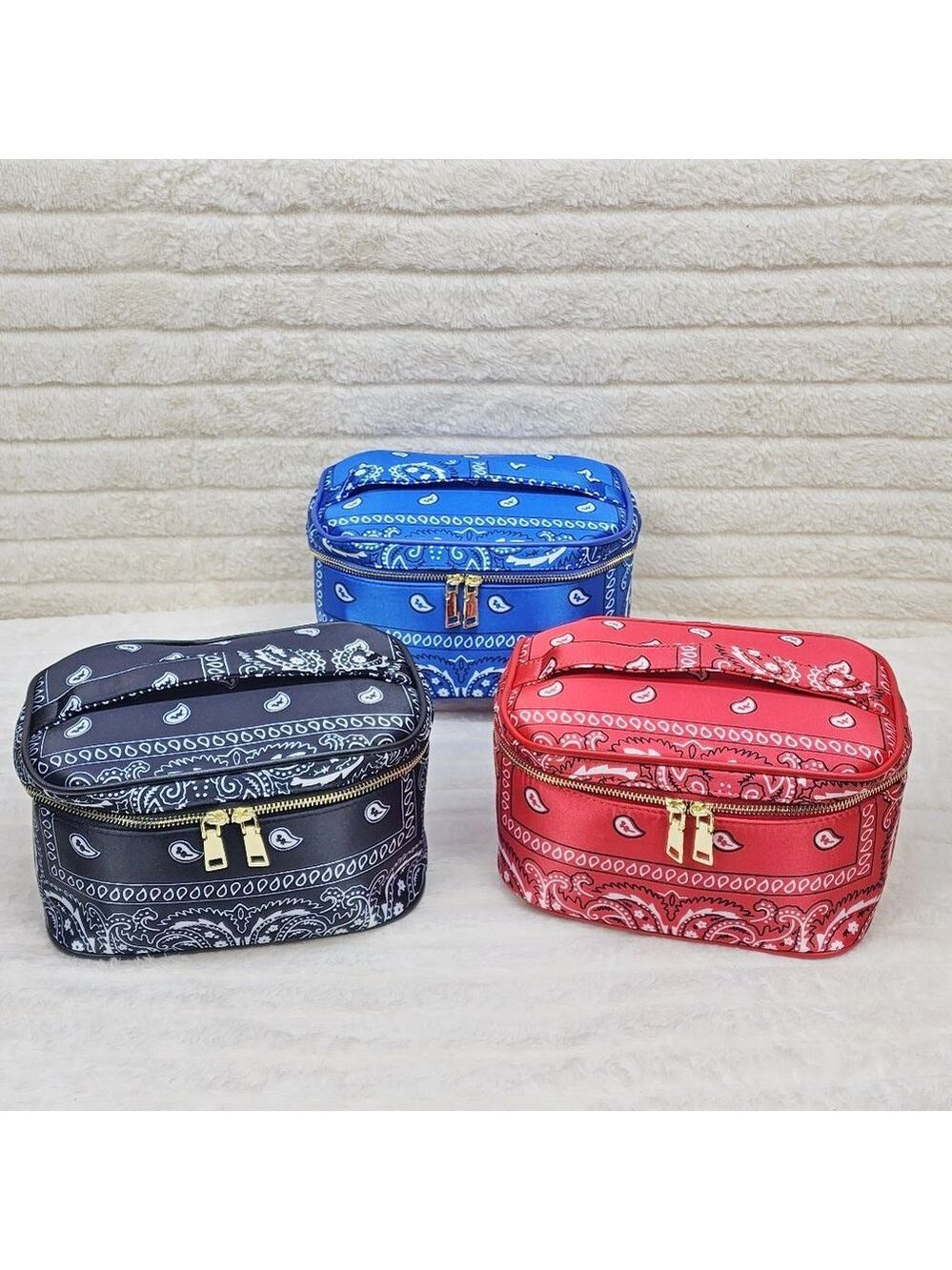 Blue Or Black Bandana Hard Case Make - Up Bag Purse Set of 3 per color